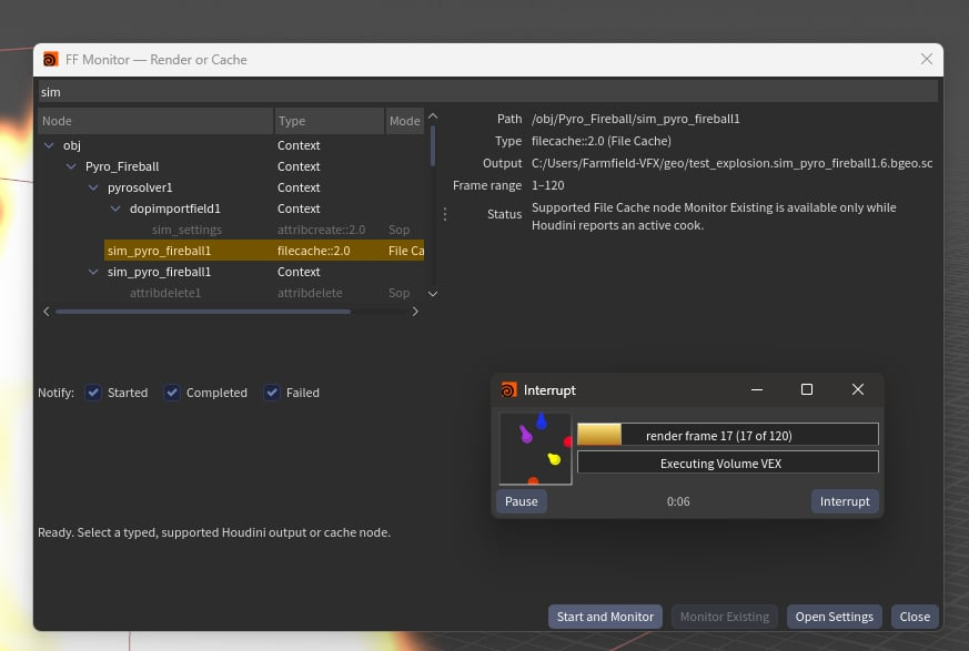 FF Monitor node selection and active Houdini cache progress